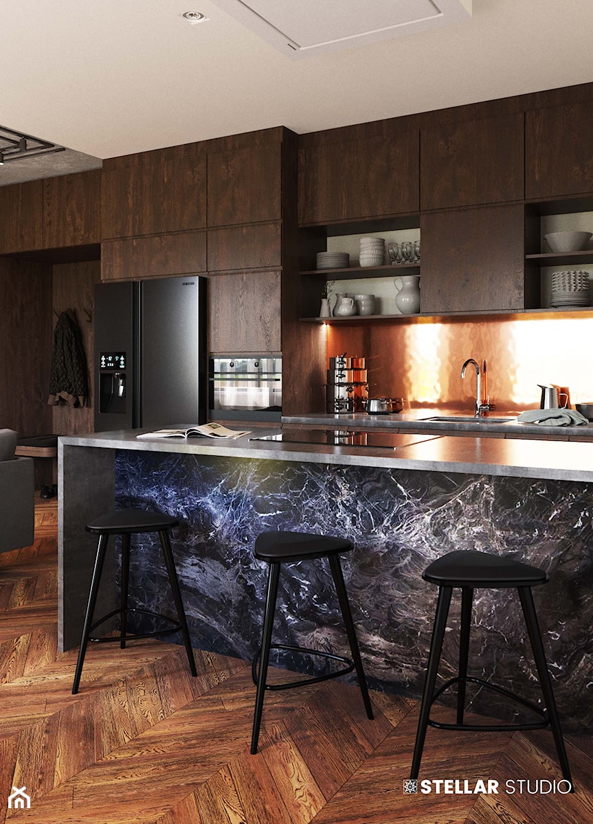 projekt ORION - Duża otwarta z salonem z kamiennym blatem szara z zabudowaną lodówką z podblatowym zlewozmywakiem kuchnia jednorzędowa z marmurem nad blatem kuchennym, styl nowoczesny - zdjęcie od STELLARstudio
