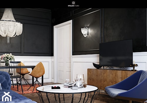projekt NYX - Biały czarny salon z jadalnią, styl glamour - zdjęcie od STELLARstudio