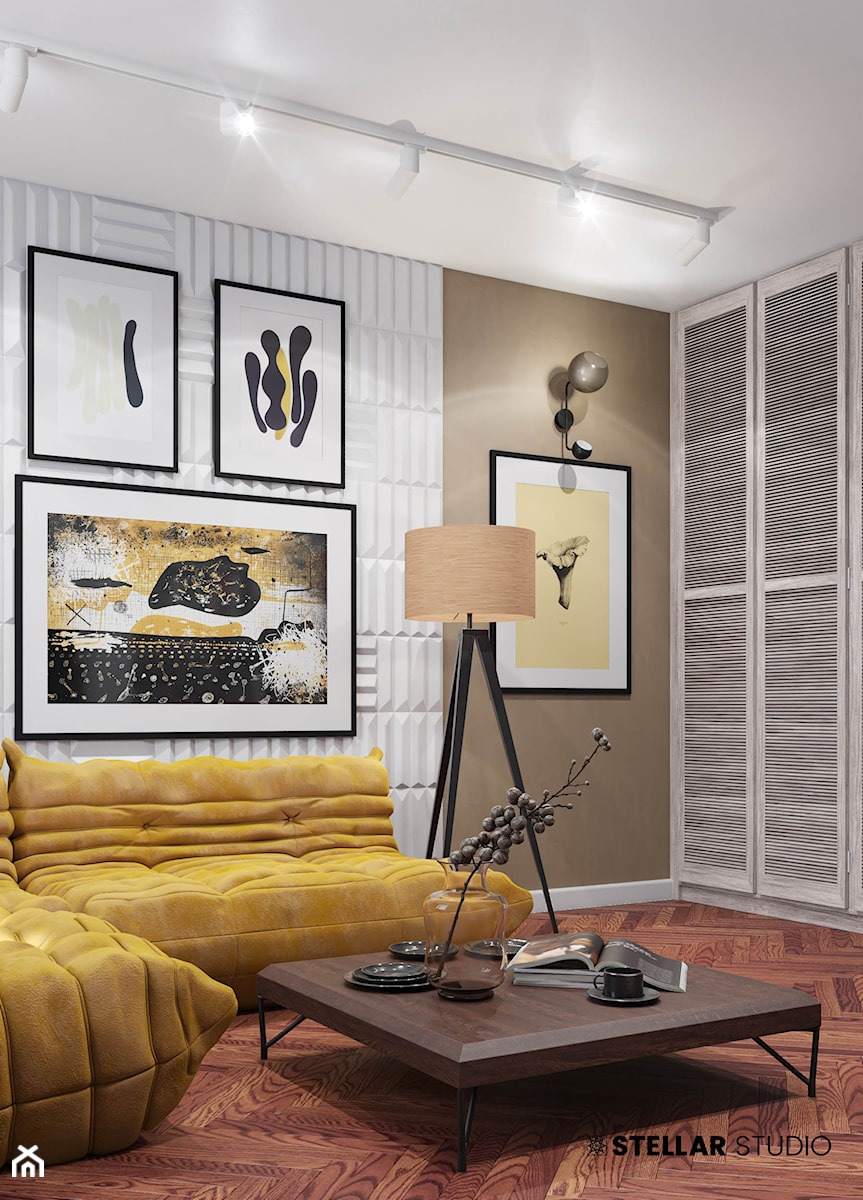 projekt SIRIUS - Mały biały brązowy salon, styl nowoczesny - zdjęcie od STELLARstudio