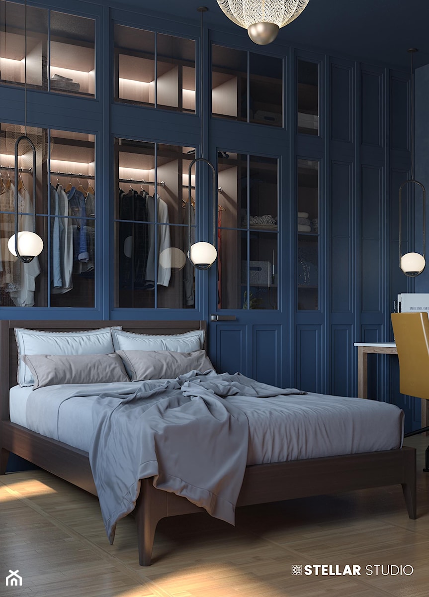 projekt LUPUS - Średnia niebieska z biurkiem sypialnia z garderobą, styl nowoczesny - zdjęcie od STELLARstudio