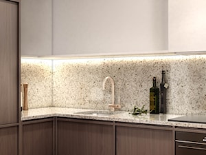 projekt LYNX - Średnia otwarta z salonem z kamiennym blatem szara z zabudowaną lodówką z podblatowym zlewozmywakiem kuchnia w kształcie litery l, styl nowoczesny - zdjęcie od STELLARstudio