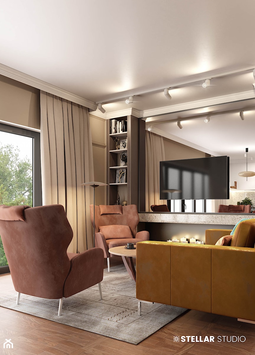 projekt LYNX - Średni brązowy szary salon, styl nowoczesny - zdjęcie od STELLARstudio