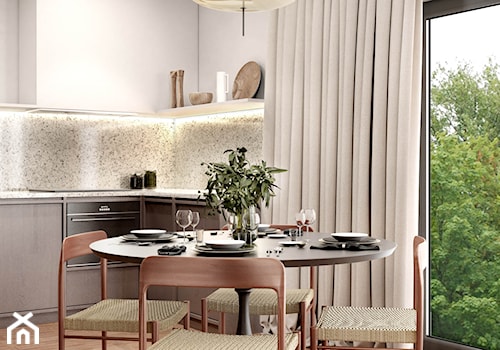 projekt LYNX - Średnia otwarta z salonem beżowa biała z zabudowaną lodówką kuchnia w kształcie litery l z oknem, styl nowoczesny - zdjęcie od STELLARstudio
