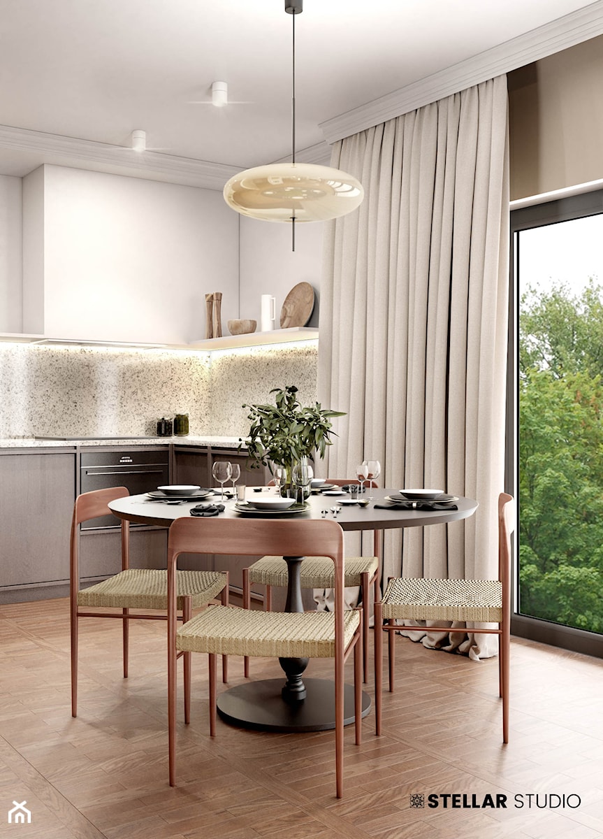 projekt LYNX - Średnia otwarta z salonem beżowa biała z zabudowaną lodówką kuchnia w kształcie litery l z oknem, styl nowoczesny - zdjęcie od STELLARstudio