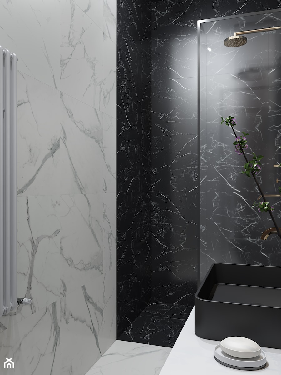 projekt TAURUS - Mała bez okna z lustrem z marmurową podłogą łazienka, styl glamour - zdjęcie od STELLARstudio
