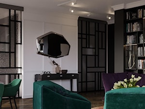 projekt LUNA penthouse - Duży biały czarny salon z jadalnią z bibiloteczką, styl nowoczesny - zdjęcie od STELLARstudio