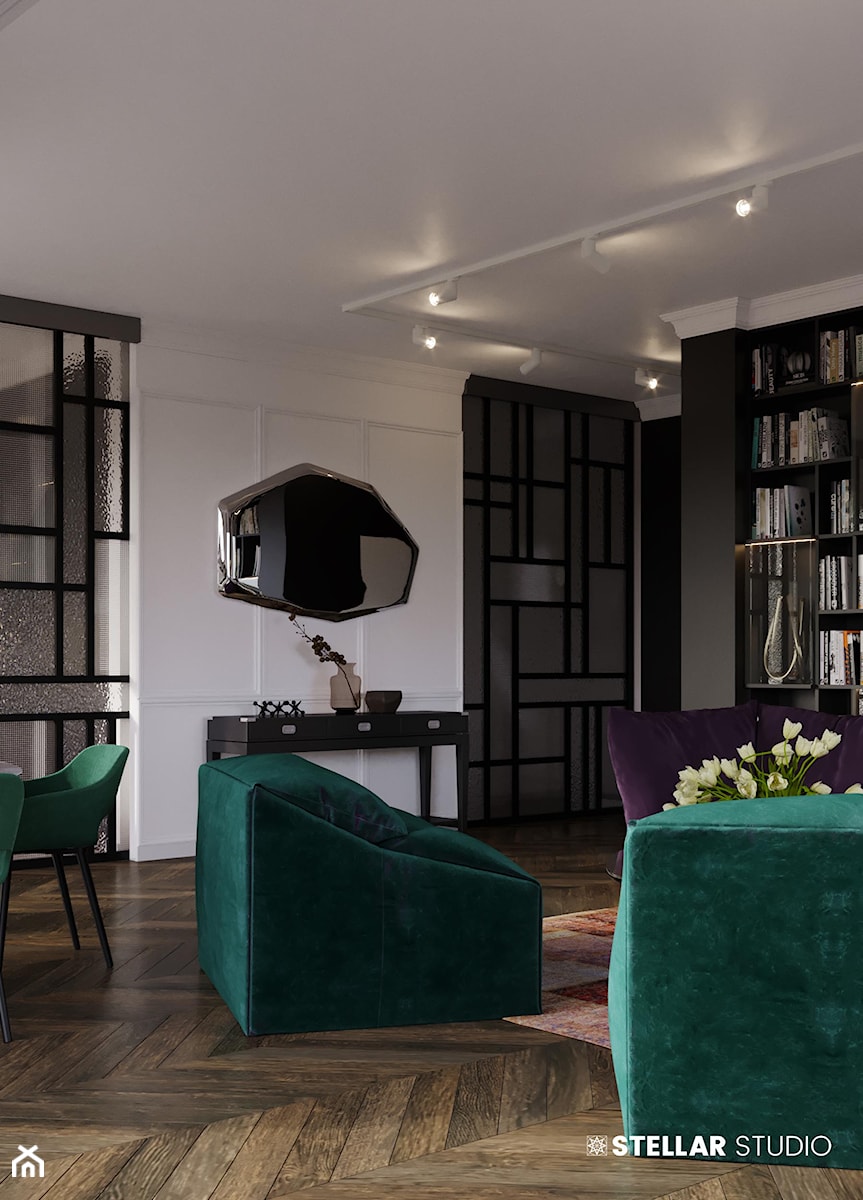 projekt LUNA penthouse - Duży biały czarny salon z jadalnią z bibiloteczką, styl nowoczesny - zdjęcie od STELLARstudio