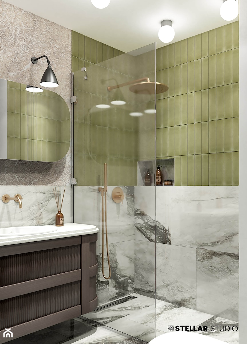 projekt LYNX - Mała bez okna z lustrem z marmurową podłogą z punktowym oświetleniem łazienka, styl nowoczesny - zdjęcie od STELLARstudio