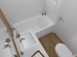 Łazienka w nowoczesnym wydaniu z drewnem i bielą.