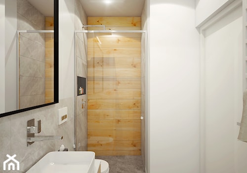 CIEPŁA biel - Mała na poddaszu bez okna z lustrem łazienka, styl minimalistyczny - zdjęcie od 2xKO Studio