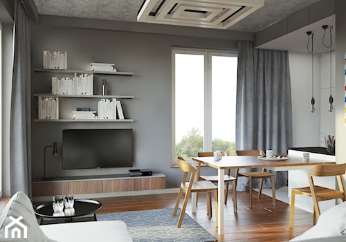 SZARA przestrzeń - Średni szary salon z jadalnią z bibiloteczką, styl nowoczesny - zdjęcie od 2xKO Studio
