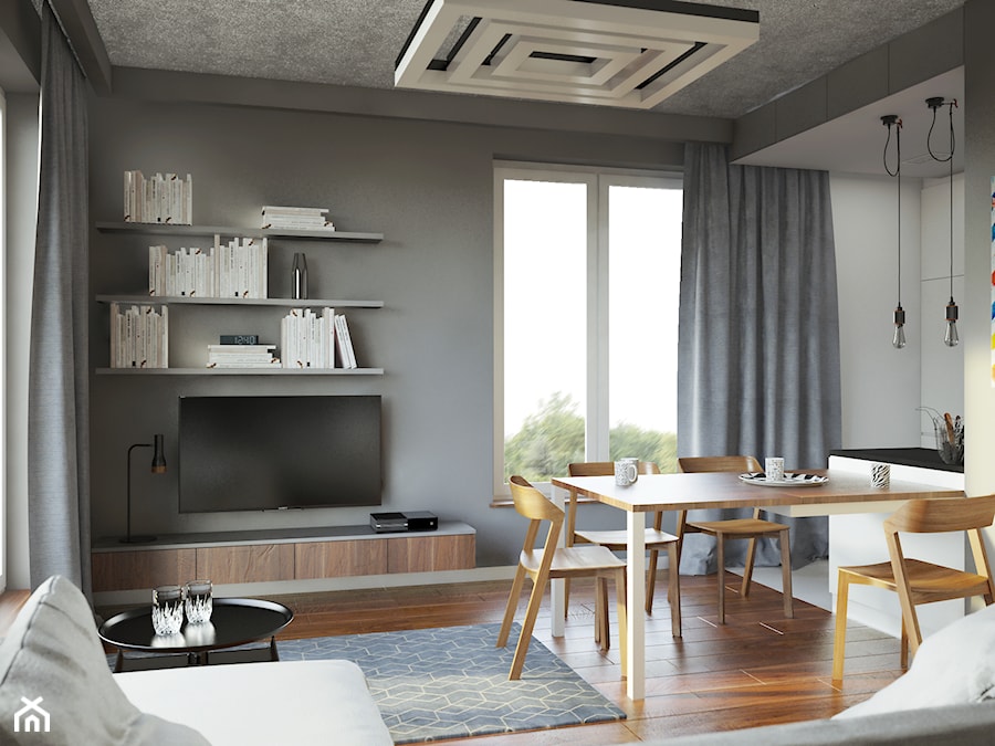 SZARA przestrzeń - Średni szary salon z jadalnią z bibiloteczką, styl nowoczesny - zdjęcie od 2xKO Studio