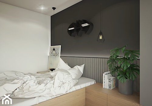 INDUSTRIALNA kawalerka - Mała biała szara sypialnia, styl industrialny - zdjęcie od 2xKO Studio