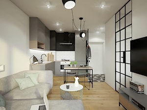 INDUSTRIALNA kawalerka - Mały szary salon z kuchnią z jadalnią, styl industrialny - zdjęcie od 2xKO Studio