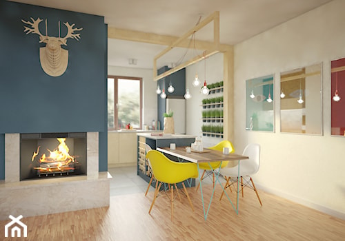 MOC kolorów - Średnia beżowa niebieska jadalnia w salonie w kuchni, styl nowoczesny - zdjęcie od 2xKO Studio