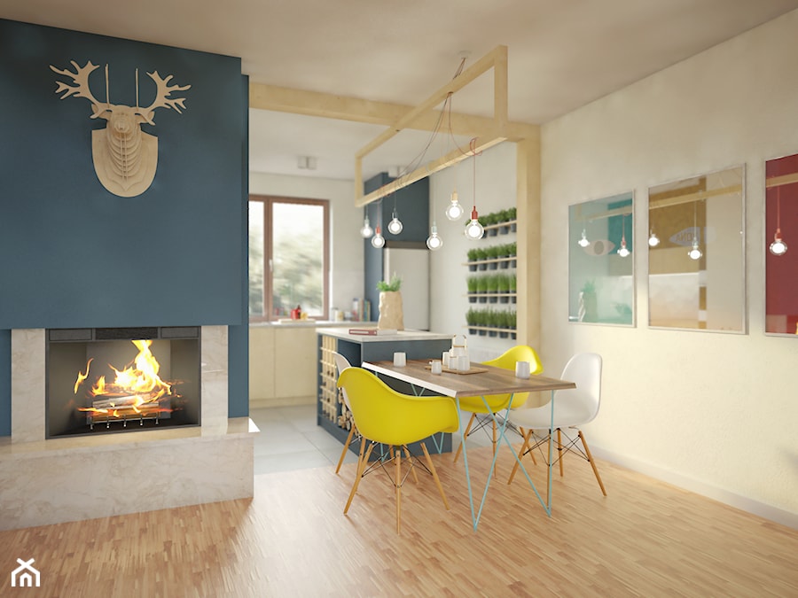 MOC kolorów - Średnia beżowa niebieska jadalnia w salonie w kuchni, styl nowoczesny - zdjęcie od 2xKO Studio