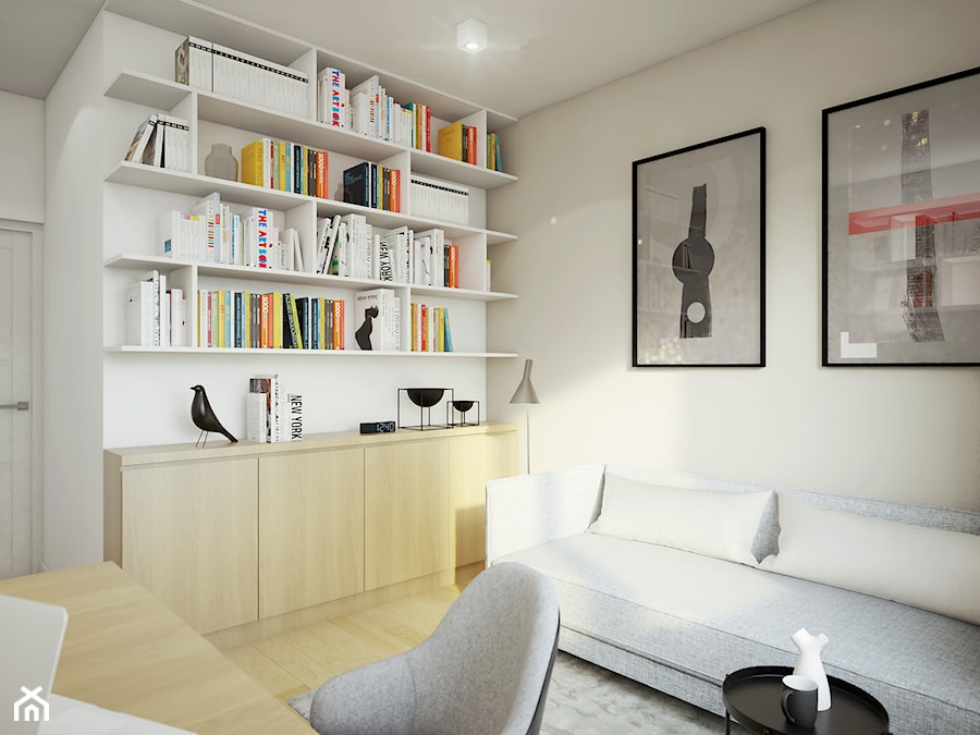 BIEL i piasek - Małe w osobnym pomieszczeniu z sofą z zabudowanym biurkiem białe biuro, styl nowoczesny - zdjęcie od 2xKO Studio