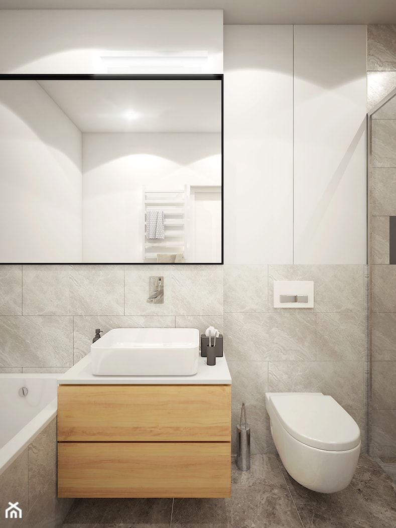 CIEPŁA biel - Mała na poddaszu bez okna z lustrem łazienka, styl minimalistyczny - zdjęcie od 2xKO Studio - Homebook