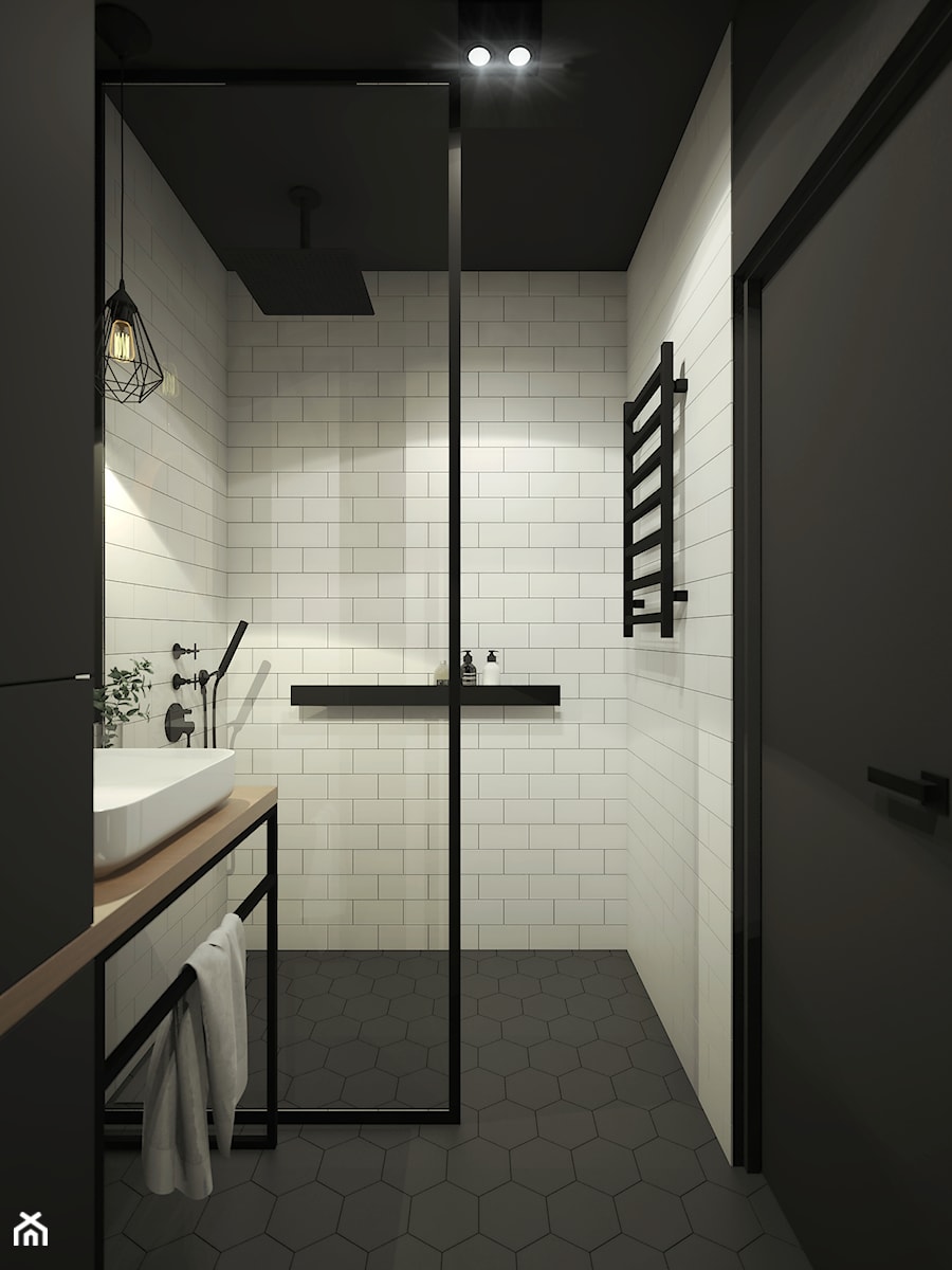 INDUSTRIALNA kawalerka - Mała na poddaszu bez okna z punktowym oświetleniem łazienka, styl industrialny - zdjęcie od 2xKO Studio