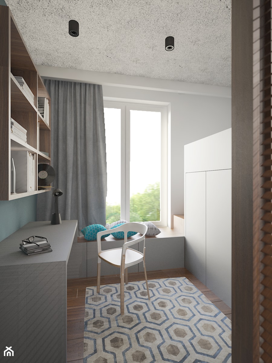 SZARA przestrzeń - Mała biała szara z biurkiem sypialnia, styl nowoczesny - zdjęcie od 2xKO Studio