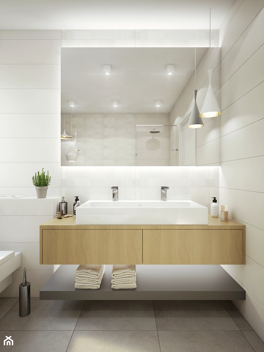 BIEL i piasek - Średnia na poddaszu bez okna z lustrem z dwoma umywalkami łazienka, styl nowoczesny - zdjęcie od 2xKO Studio