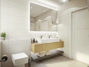 BIEL i piasek - Mała na poddaszu bez okna z lustrem z dwoma umywalkami łazienka, styl nowoczesny - zdjęcie od 2xKO Studio