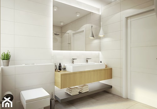 BIEL i piasek - Mała na poddaszu bez okna z lustrem z dwoma umywalkami łazienka, styl nowoczesny - zdjęcie od 2xKO Studio