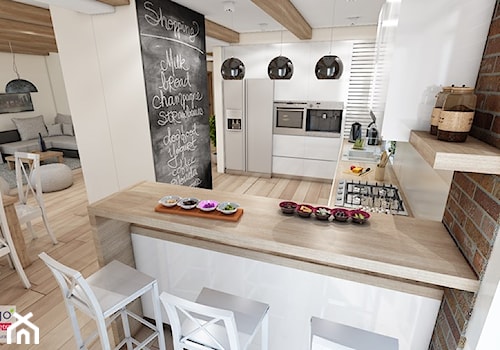 Kuchnia - Duża z salonem biała z zabudowaną lodówką z podblatowym zlewozmywakiem kuchnia w kształcie litery u z wyspą lub półwyspem - zdjęcie od Pieczyska