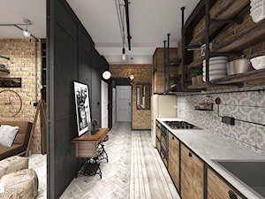 Kuchnia - Średnia z salonem z kamiennym blatem czarna szara z lodówką wolnostojącą z podblatowym zlewozmywakiem kuchnia jednorzędowa, styl industrialny - zdjęcie od Pieczyska