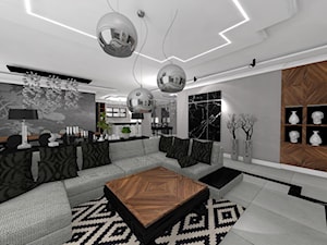 Willa miejska - Duży szary salon z kuchnią z jadalnią, styl glamour - zdjęcie od STUDIO WHITE Architektura Wnętrz