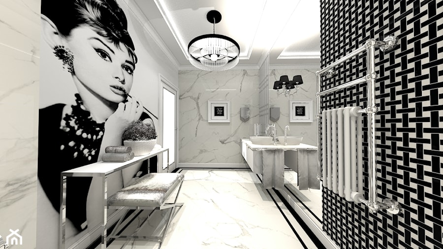 Kompleks kosmetyczny łazienka - Duża z lustrem z marmurową podłogą łazienka z oknem, styl glamour - zdjęcie od STUDIO WHITE Architektura Wnętrz