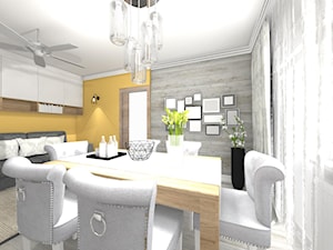 Aranżacja Salonu w Bloku - Mały szary żółty salon z jadalnią, styl skandynawski - zdjęcie od STUDIO WHITE Architektura Wnętrz