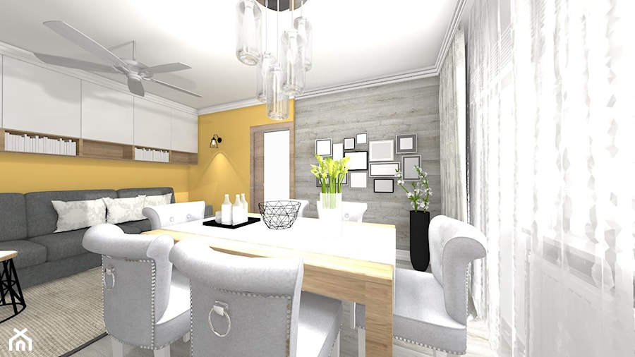 Aranżacja Salonu w Bloku - Mały szary żółty salon z jadalnią, styl skandynawski - zdjęcie od STUDIO WHITE Architektura Wnętrz