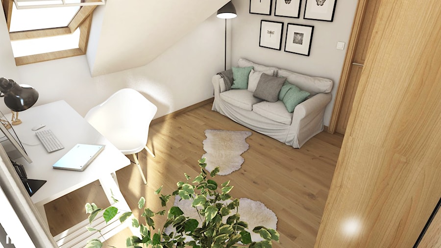 Projekt wnętrz w domu jednorodzinnym - Kraków - Średnie w osobnym pomieszczeniu z sofą białe biuro, styl skandynawski - zdjęcie od art-park sp. z o.o.