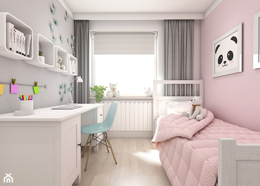 Projekt mieszkania ul. Chełmońskiego - Kraków - Mały szary różowy pokój dziecka dla nastolatka dla d ... - zdjęcie od art-park sp. z o.o.
