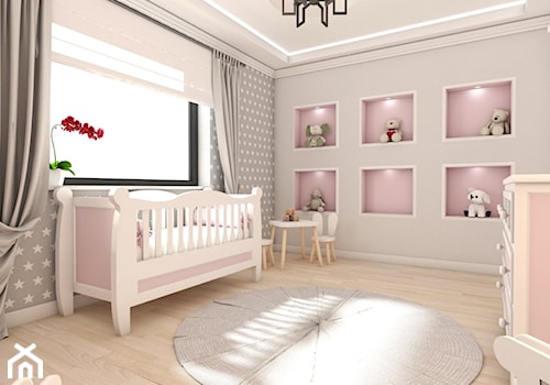 Biały dom - projekt aranżacji wnętrz w domu jednorodzinnym Kalej pod Częstochową - Średni różowy szary pokój dziecka dla niemowlaka dla dziewczynki, styl tradycyjny - zdjęcie od art-park sp. z o.o.