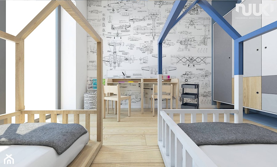 Mieszkanie nowoczesne z kolorem - Średni biały szary pokój dziecka dla dziecka dla chłopca dla dziewczynki dla rodzeństwa, styl nowoczesny - zdjęcie od NUUKI
