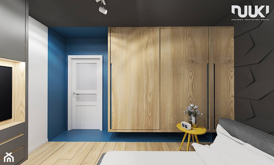 Mieszkanie nowoczesne z kolorem - Średnia biała czarna niebieska sypialnia, styl nowoczesny - zdjęcie od NUUKI