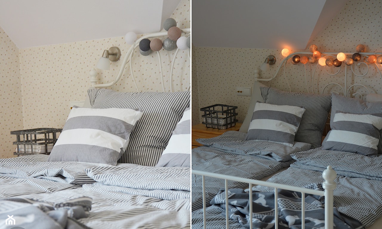 łóżko z metalową ramą, poduszki w paski, cotton balls, tapeta w kropki