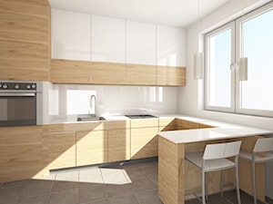 Grochów - Średnia otwarta z salonem biała z zabudowaną lodówką z podblatowym zlewozmywakiem kuchnia w kształcie litery u z kompozytem na ścianie nad blatem kuchennym - zdjęcie od Inproco Interiors