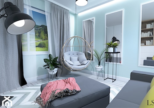 pokój gościnno wypoczynkowy - Mały niebieski salon z bibiloteczką, styl nowoczesny - zdjęcie od LS Lempart Studio