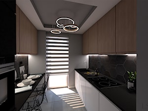 kuchnia w 3 odsłonach - Średnia zamknięta szara z zabudowaną lodówką z podblatowym zlewozmywakiem kuchnia dwurzędowa z oknem, styl nowoczesny - zdjęcie od LS Lempart Studio