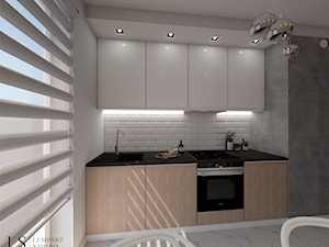 kuchnia w 3 odsłonach - Mała z salonem biała szara z zabudowaną lodówką z podblatowym zlewozmywakiem kuchnia jednorzędowa, styl nowoczesny - zdjęcie od LS Lempart Studio