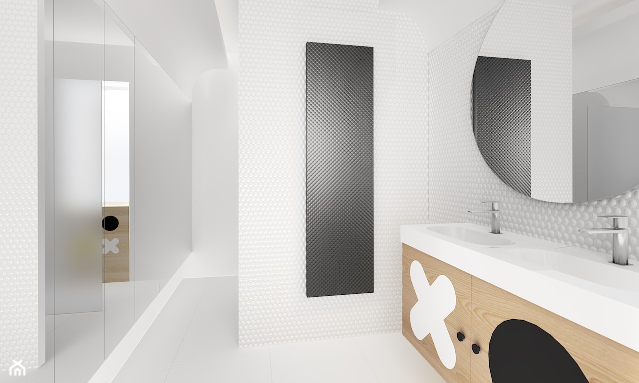 czarny grzejnik Instal Projekt, białe ściany, drewniane szafki pod umywalką