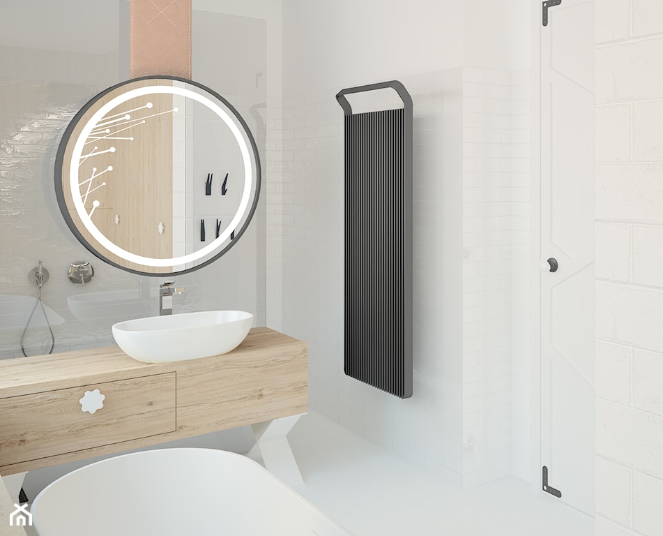 okrągłe lustro, czarny grzejnik łazienkowy Instal Projekt, białe kafelki na ścianach