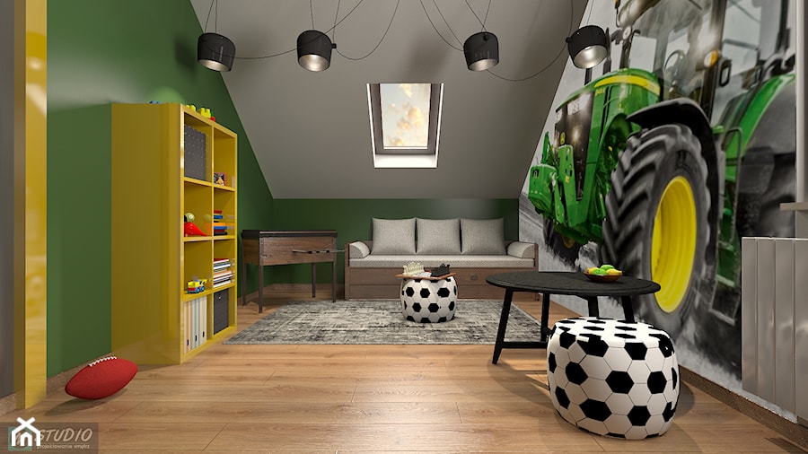 JOHN DEERE - Duży szary zielony pokój dziecka dla dziecka dla nastolatka dla chłopca - zdjęcie od m-studio Projektowanie wnętrz