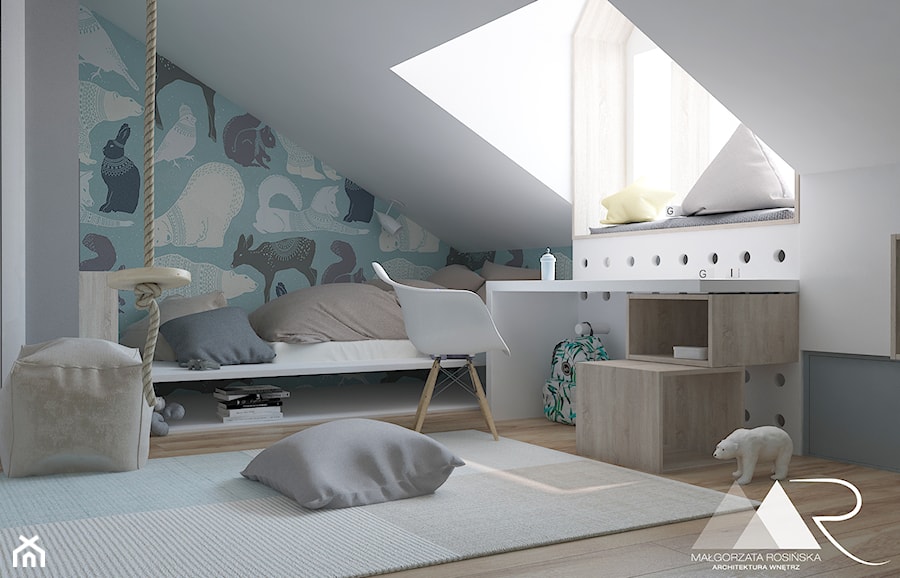 Pokoik Oliwiera - Mały biały niebieski pokój dziecka dla nastolatka dla chłopca dla dziewczynki, styl nowoczesny - zdjęcie od Małgorzata Rosińska