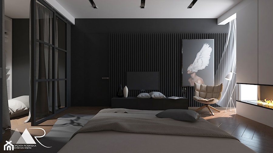 Sypialnia w domu jednorodzinnym - Duża biała czarna z panelami tapicerowanymi sypialnia z garderobą, styl minimalistyczny - zdjęcie od Małgorzata Rosińska