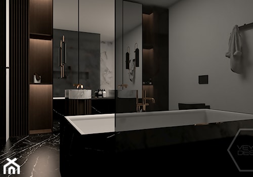 WOOD SYMPHONY - Średnia na poddaszu bez okna z marmurową podłogą łazienka, styl nowoczesny - zdjęcie od VEYAZDESIGN