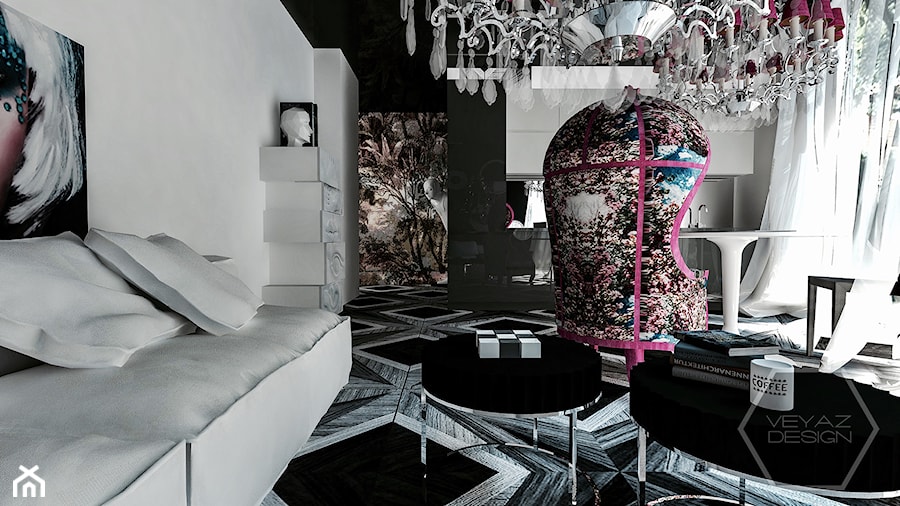 HOUSE OF ART - Średni biały salon z kuchnią z jadalnią, styl glamour - zdjęcie od VEYAZDESIGN